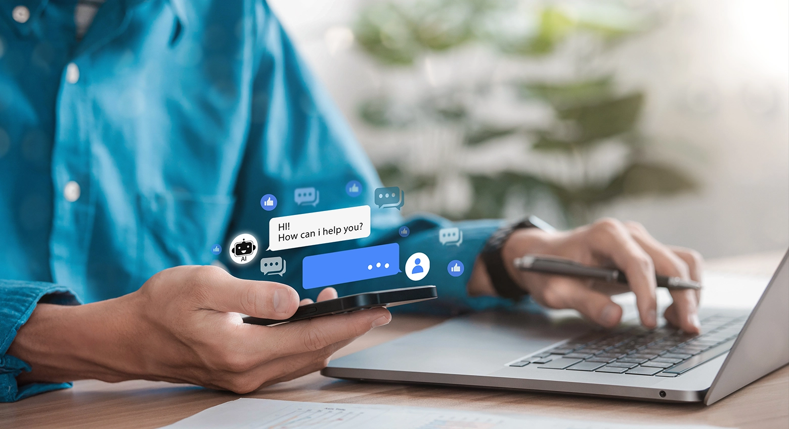 uomini con telefono in mano e testo AI fluttuante