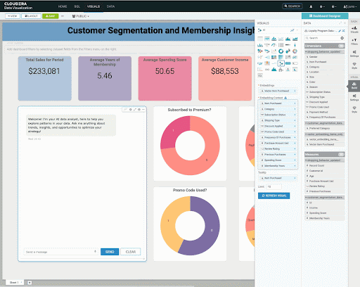 Questa immagine è uno screenshot dell'applicazione Cloudera Data Visualization, che mostra un utente che trascina una colonna di misure nello scaffale Embedding Context per configurare il proprio AI Visual