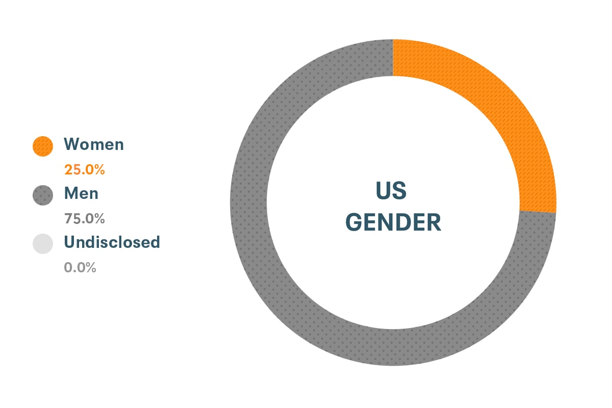 Dati su diversità e inclusione per genere negli Stati Uniti: donne 26%, uomini 74%
