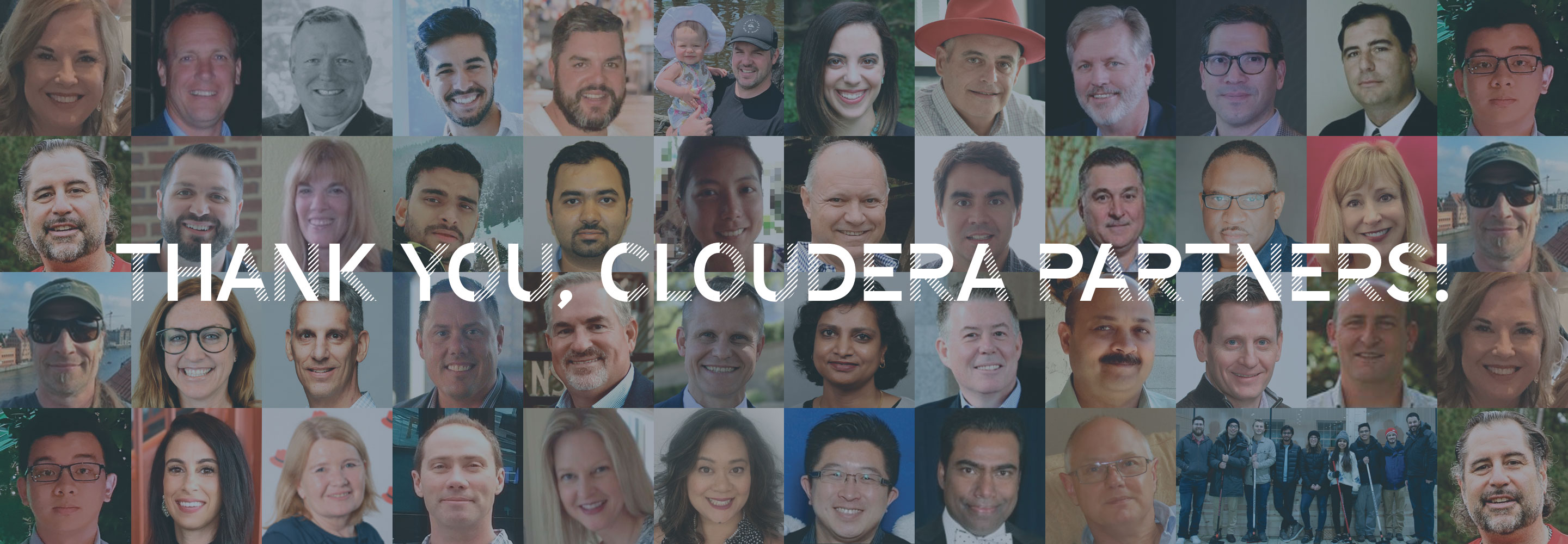 Foto dei volti dei singoli partner che dicono Grazie, partner Cloudera! 